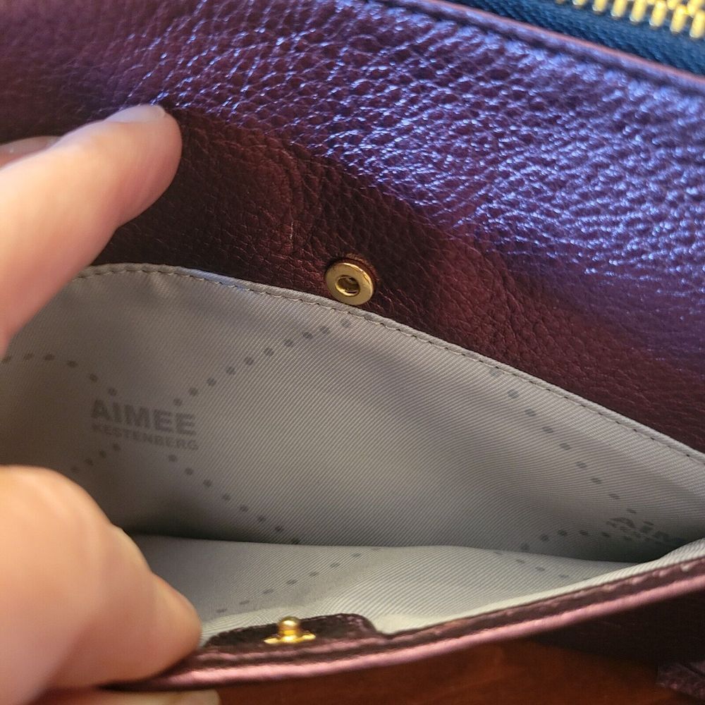 Aimee Kestenberg Genuine Leather Zip Clutch Purse Burgundy Metallic Gold Accents - Picture 11 of 15